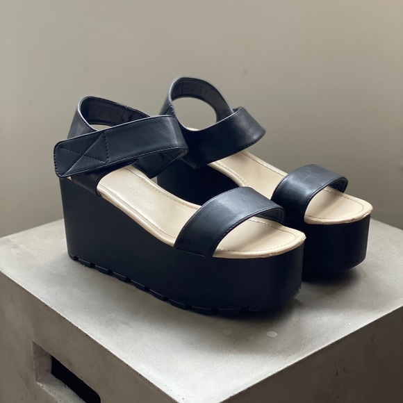 Shoes - Black Velcro Double Strap Flatforms - 8